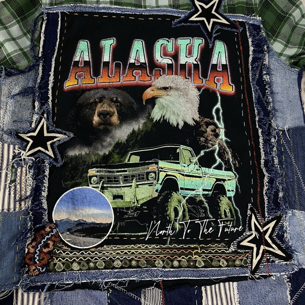 Upcycled Flannel Shirt Shacket Womens Large Alaska Grunge Patchwork Folk Art - Picture 15 of 16